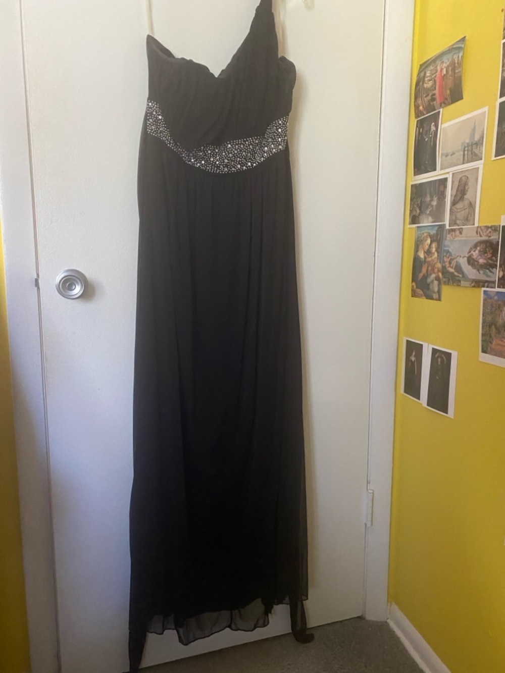 One-Shoulder Empire Waist Formal Prom Gown with Rhinestone Detail